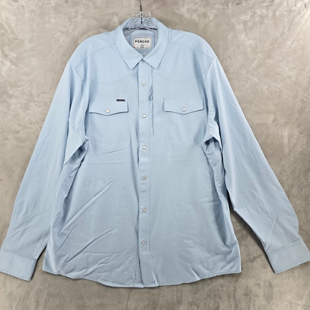 Poncho Western Shirt Mens XL Slim Light Blue Pearl Snap Performance Stretch